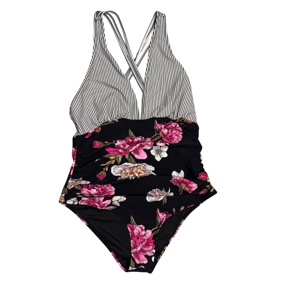 Cupshe One Piece Swimsuit Womenβ XXL Black Floral Striped Excellent ADK3012B